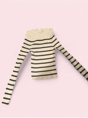 H &M Cream and Black Striped Ribbed Off the Shoulder Sweater